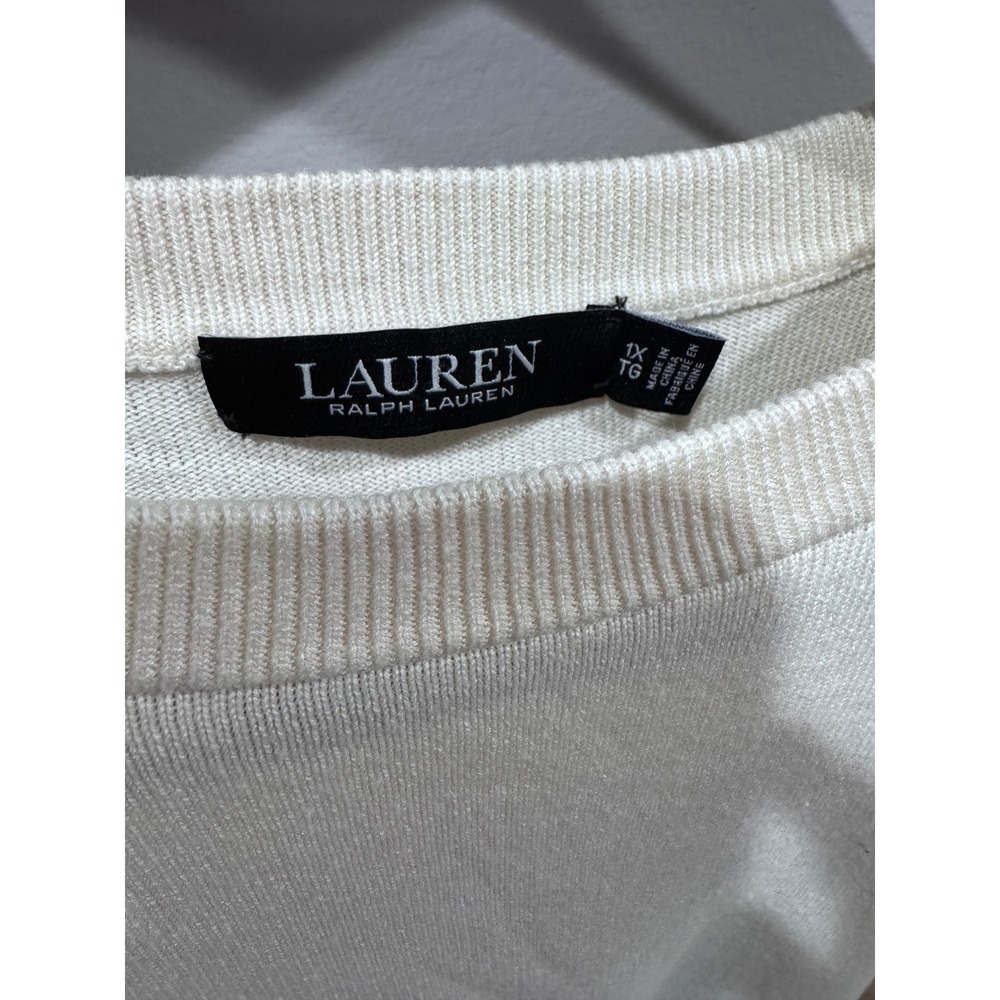 Lauren Ralph Lauren Black Label Tie-Front Sweater Women 1X Cream Puff Sleeve Top - Picture 2 of 12